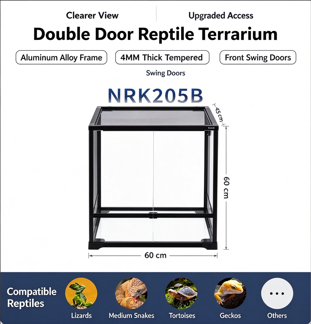 RTHabitat 70 Gallon 24x24x18 Inch Black Glass Reptile Terrarium with Mesh Top