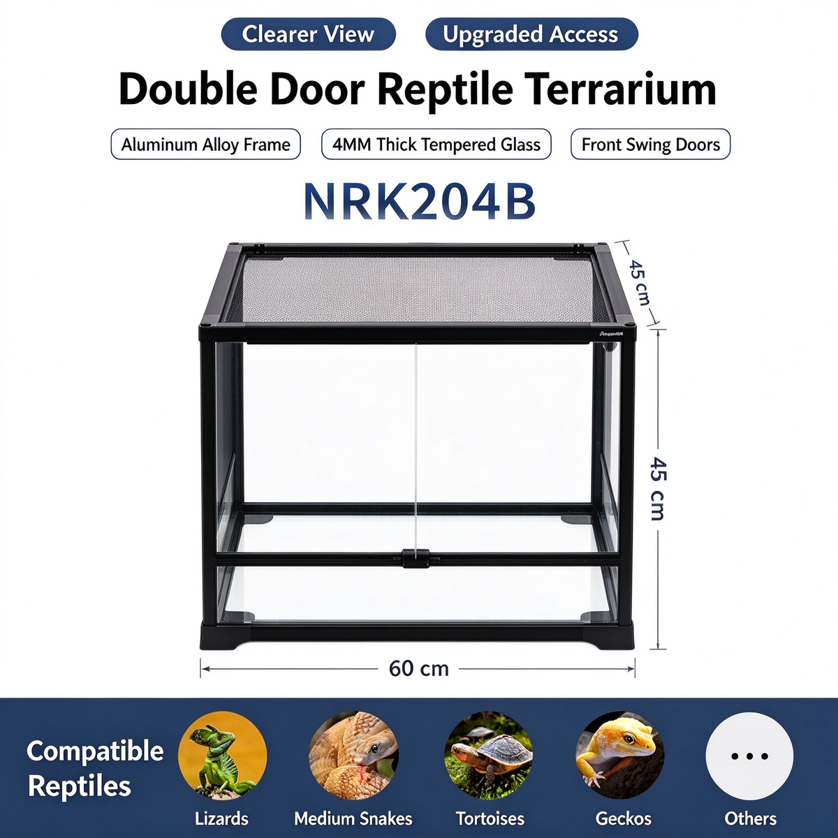 RTHabitat 45 Gallon 24x18x18 Inch Black Glass Reptile Terrarium with Mesh Top