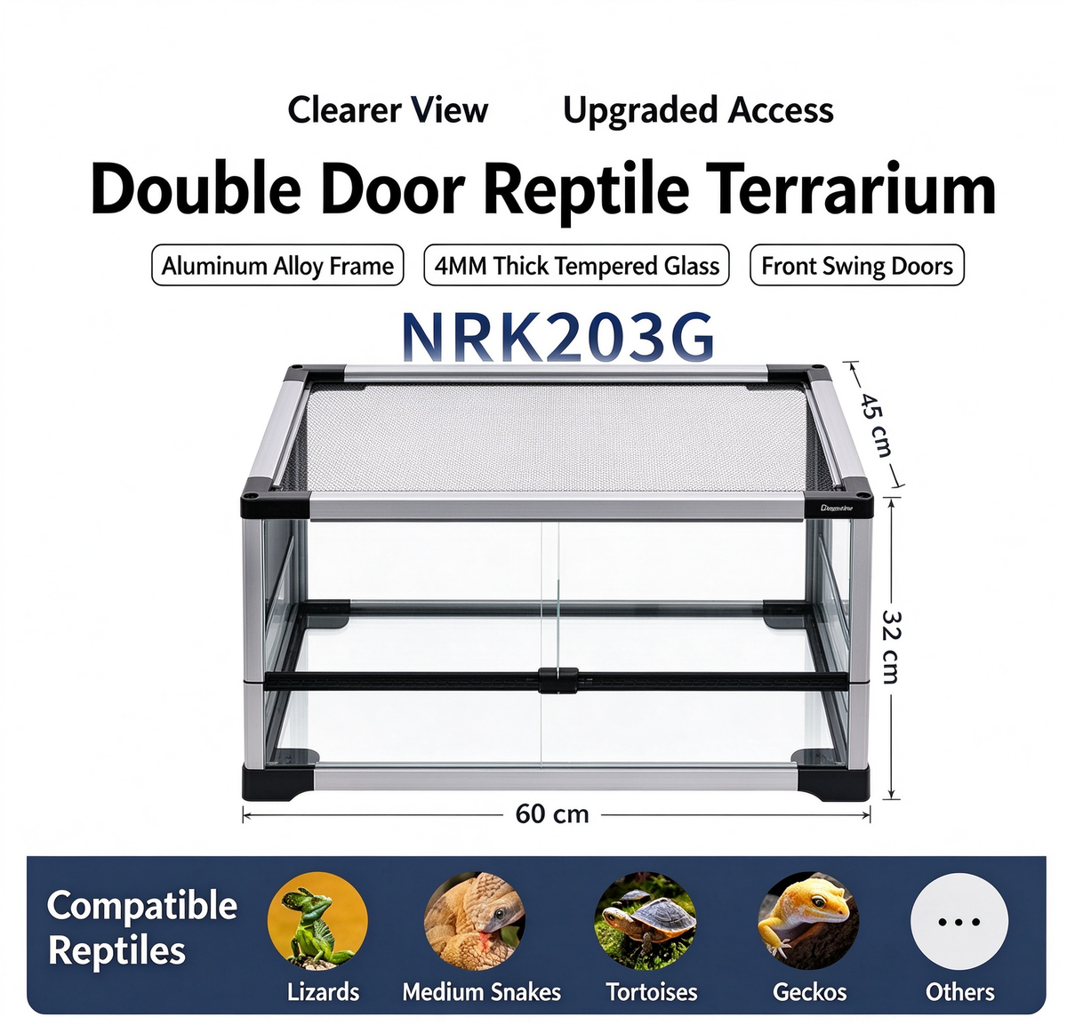RTHabitat 45 Gallon 24x18x18 Inch Black Glass Reptile Terrarium with Mesh Top