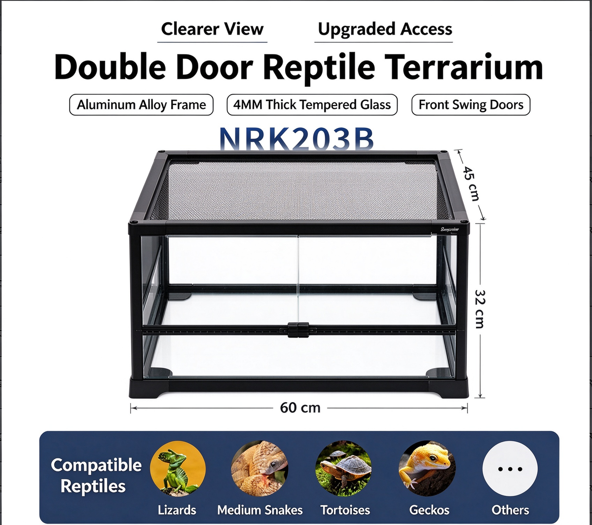 RTHabitat 35 Gallon 24x18x13 Inch Black Glass Reptile Terrarium with Mesh Top and Divider Compatibility