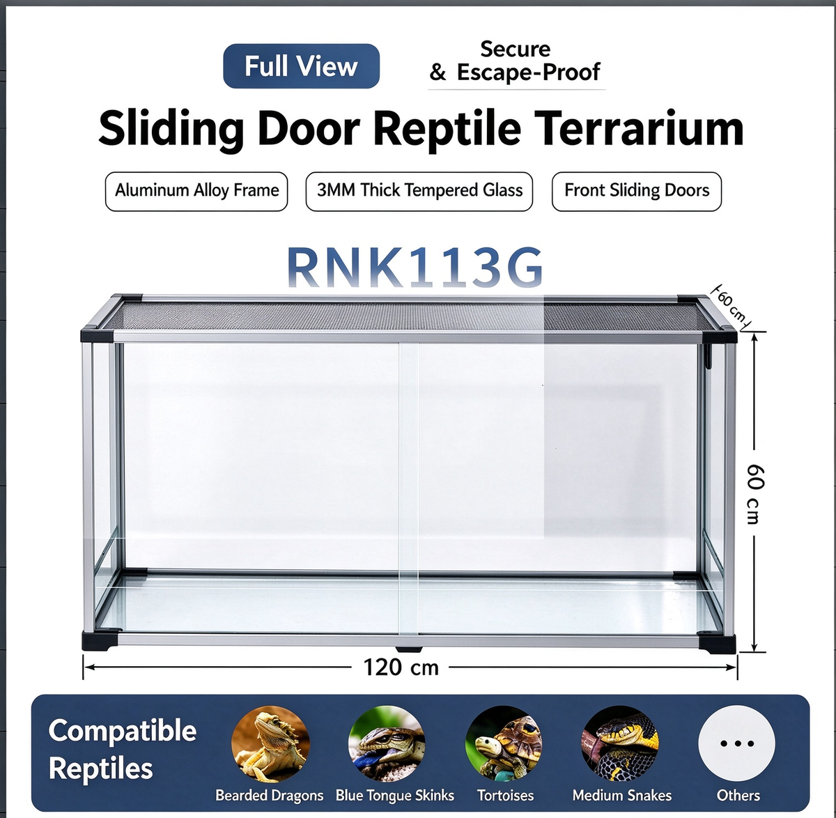 RTHabitat 120 Gallon 48x24x24 Inch Glass Reptile Terrarium with Sliding Doors and Mesh Top