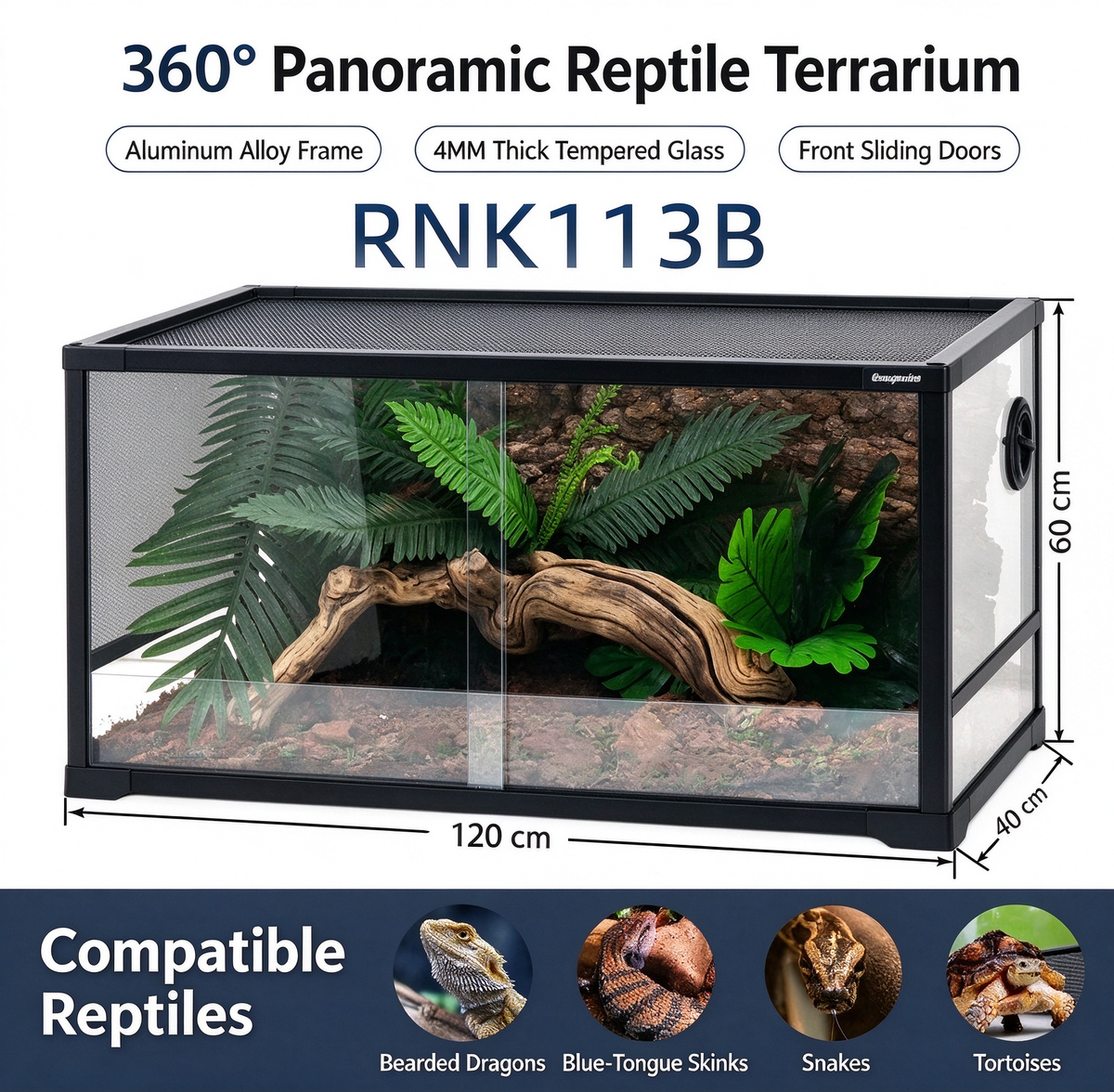 RTHabitat 120 Gallon 48x24x24 Inch Black Glass Reptile Terrarium with Sliding Doors
