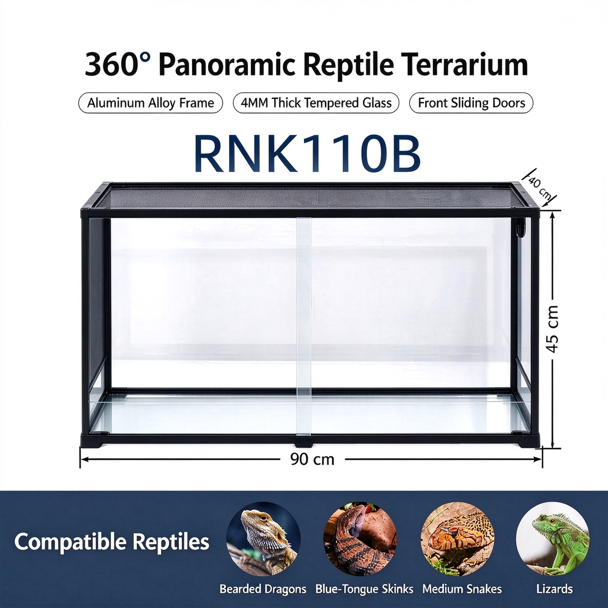 RTHabitat 65 Gallon 35x18x24 Inch Black Glass Reptile Terrarium with Sliding Doors