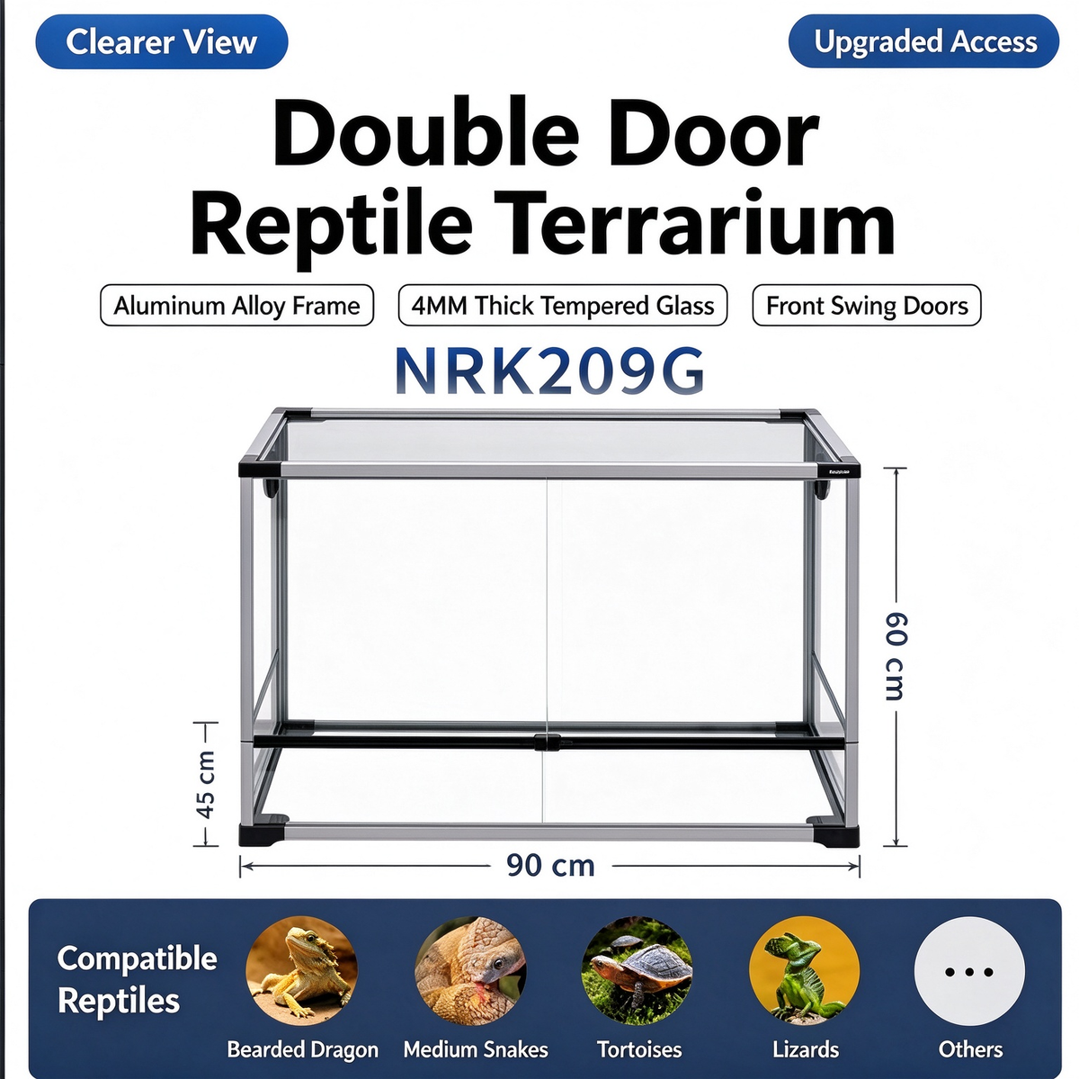 RTHabitat 70 Gallon 36x18x24 Inch Glass Reptile Terrarium for Bearded Dragons and Snakes