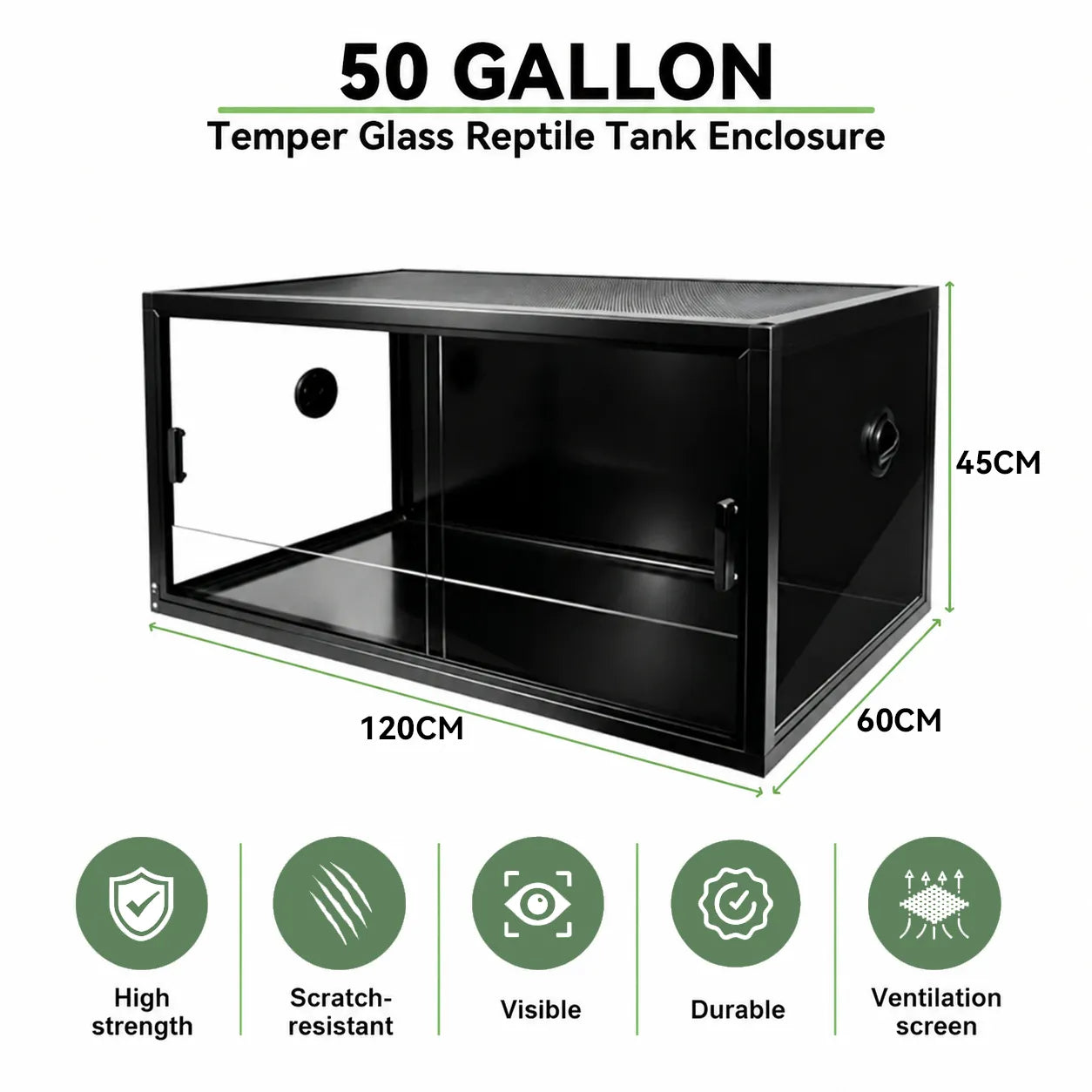 RTHabitat Large Aluminum Frame Reptile Enclosure – 50/85/120 Gallon Premium Habitat with Tempered Glass Doors & PVC Side Panels for Lizards, Snakes & Geckos