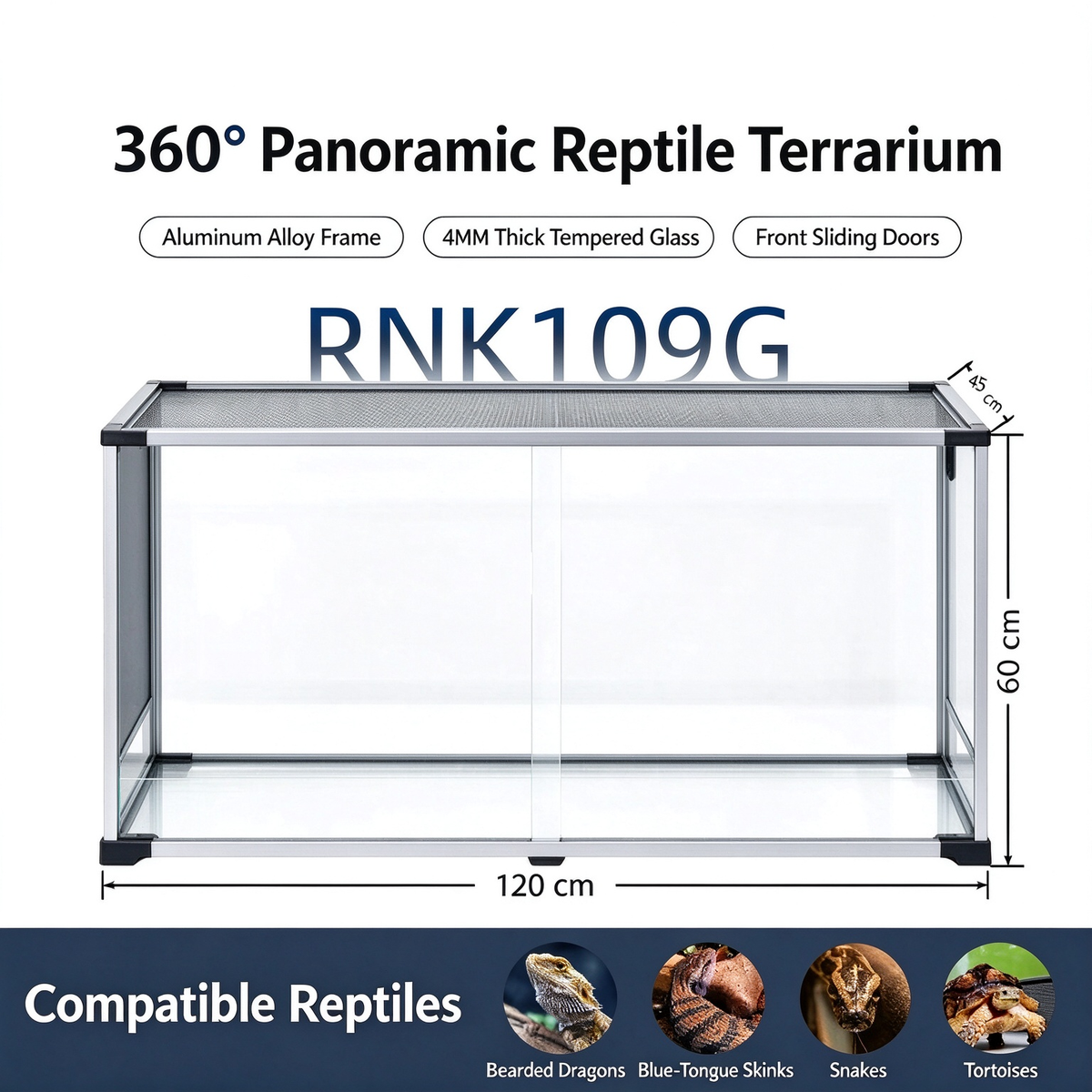 RTHabitat 120 Gallon 48x24x18 Inch Silver Frame Reptile Terrarium with Mesh Top