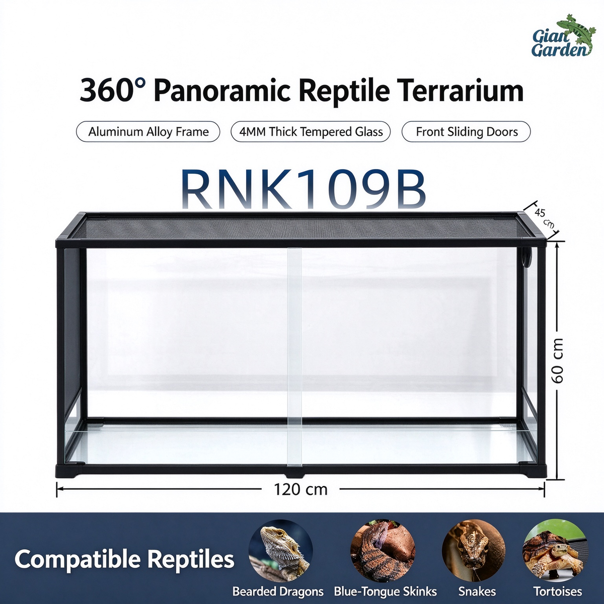 RTHabitat 120 Gallon 48x24x18 Inch Black Reptile Terrarium with Sliding Doors and Mesh Top