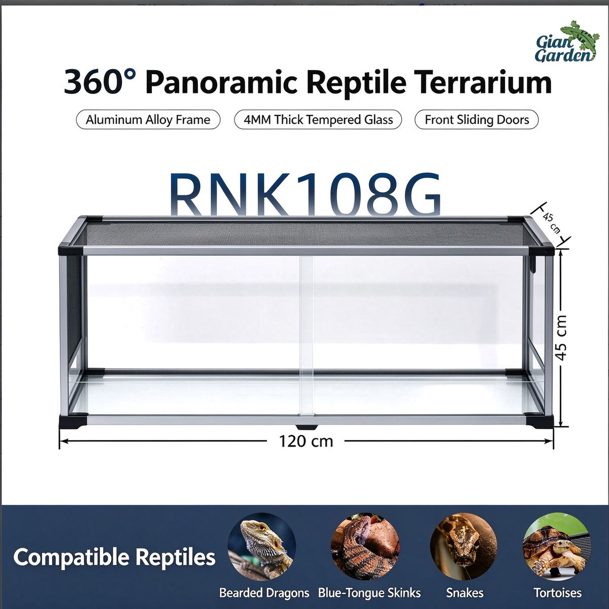 RTHabitat 120 Gallon 48x18x18 Inch Silver Aluminum Glass Reptile Terrarium with Front Sliding Doors and Ventilated Mesh Top