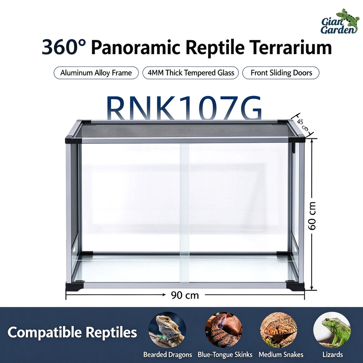 RTHabitat 90 Gallon 36x18x24 Inch Silver Aluminum Glass Reptile Terrarium with Sliding Doors and Mesh Top