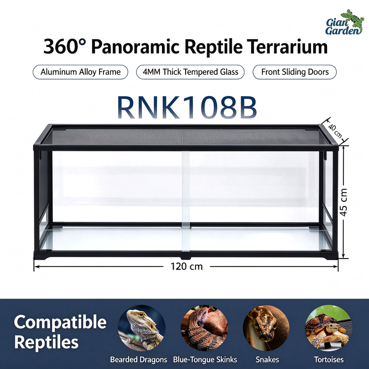 RTHabitat 120 Gallon 48x18x18 Inch Black Aluminum Glass Reptile Terrarium with Sliding Doors and Mesh Top