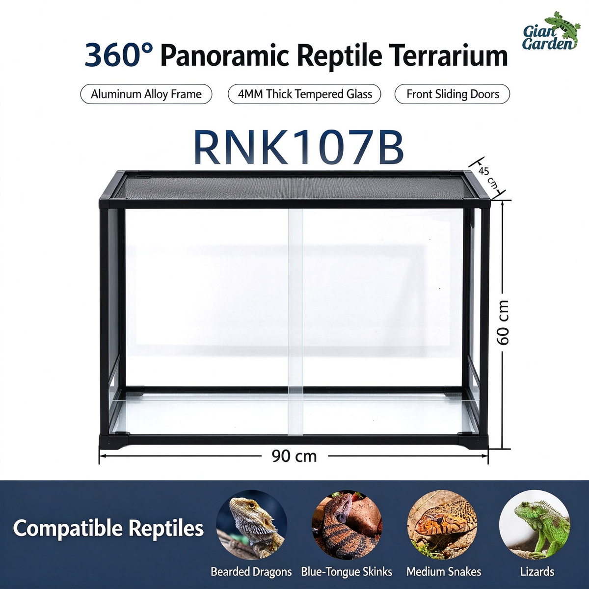RTHabitat 90 Gallon 36x18x24 Inch Black Aluminum Glass Reptile Terrarium with Sliding Doors and Mesh Top