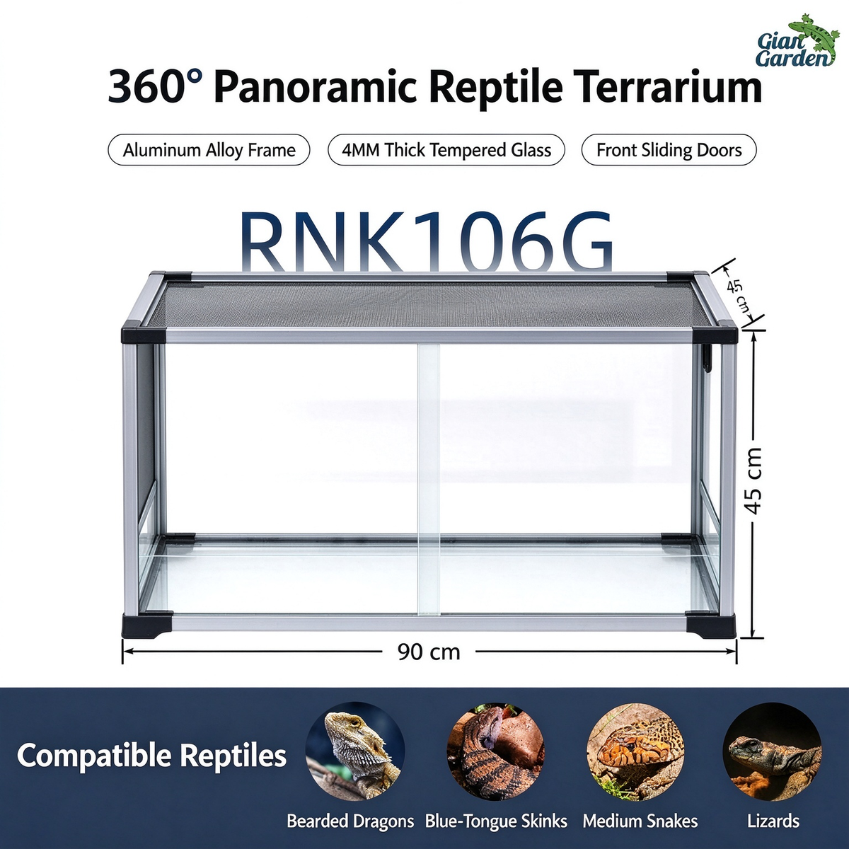 RTHabitat 90 Gallon 36x18x18 Inch Silver Aluminum Glass Reptile Terrarium with Sliding Doors and Mesh Top