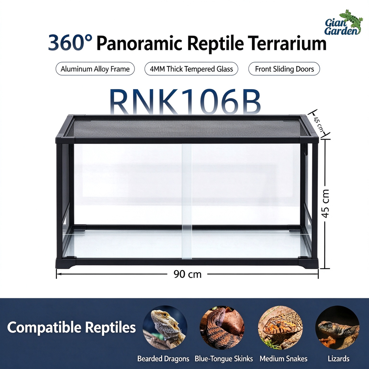 RTHabitat 90 Gallon 36x18x18 Inch Black Aluminum Glass Reptile Terrarium with Sliding Doors and Mesh Top