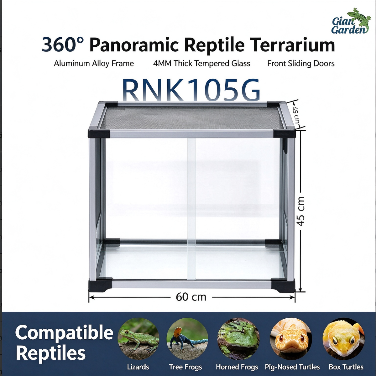 RTHabitat 40 Gallon 24x18x18 Inch Silver Aluminum Glass Reptile Terrarium with Sliding Doors and Mesh Top