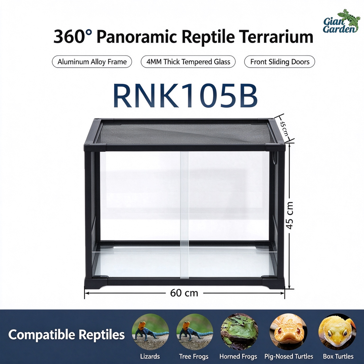 RTHabitat 40 Gallon 24x18x18 Inch Black Aluminum Glass Reptile Terrarium with Sliding Doors and Mesh Top