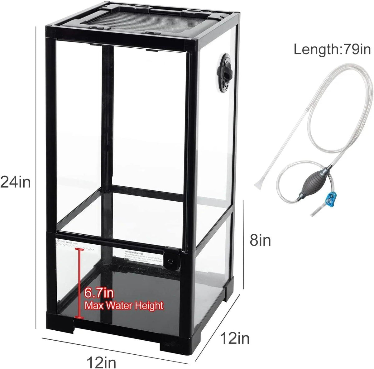RTHabitat 15 Gallon Full Glass Reptile Terrarium 12" x 12" x 24" Siphon Gravel Cleaner Set, Small Reptile Habitat for Reptile Chameleon, Tree Frogs