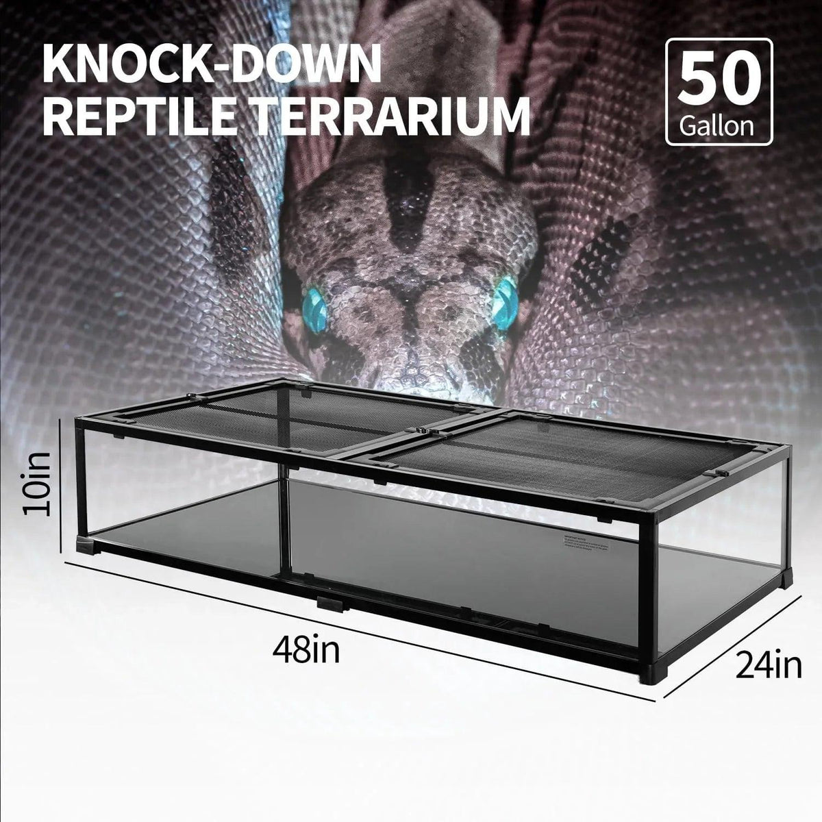 50 Gallon Glass Reptile Tank 48" x 24" x 10" Wide & Low Reptile Terrarium