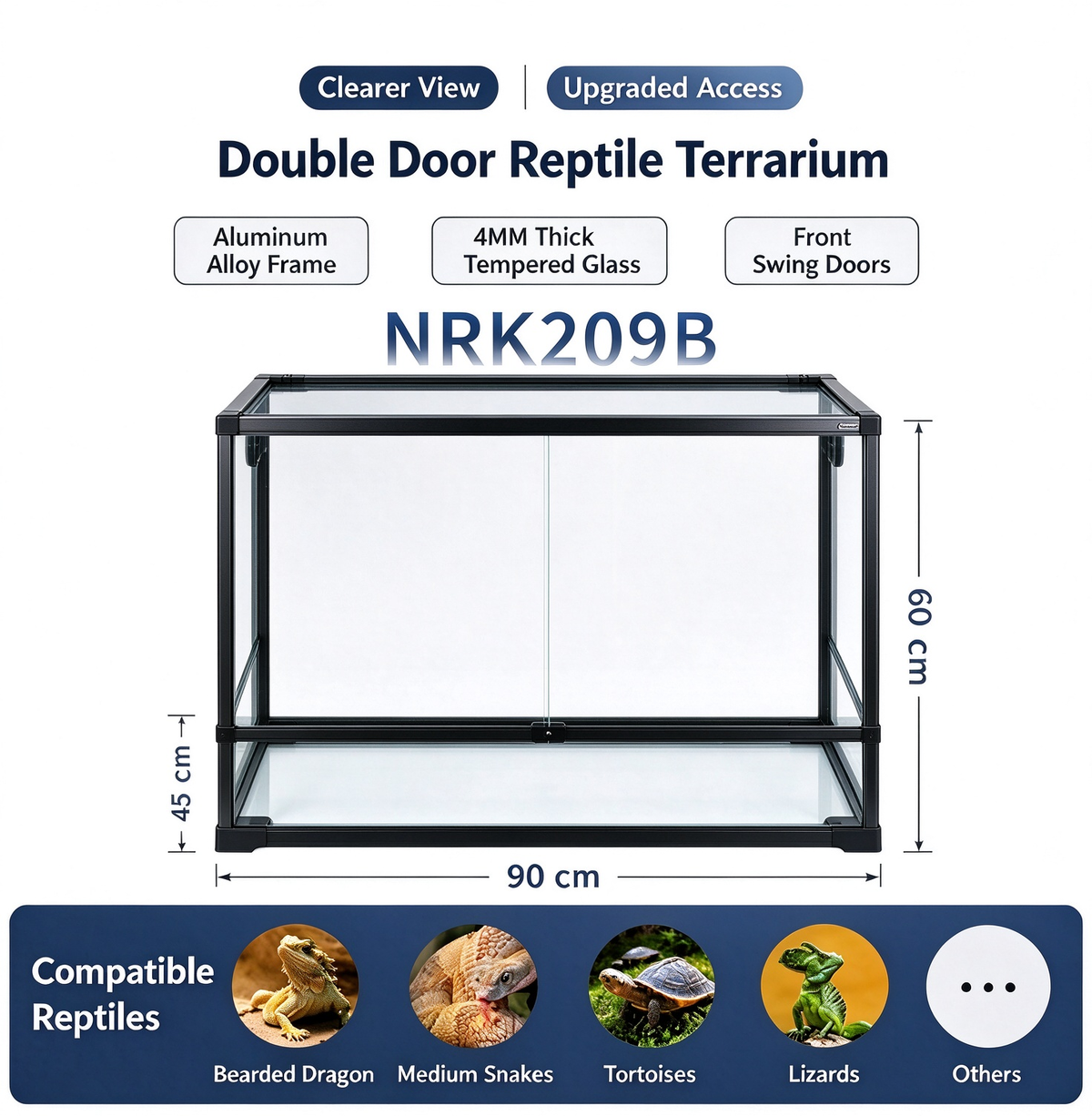RTHabitat 70 Gallon 36x18x24 Inch Glass Reptile Terrarium for Bearded Dragons and Snakes