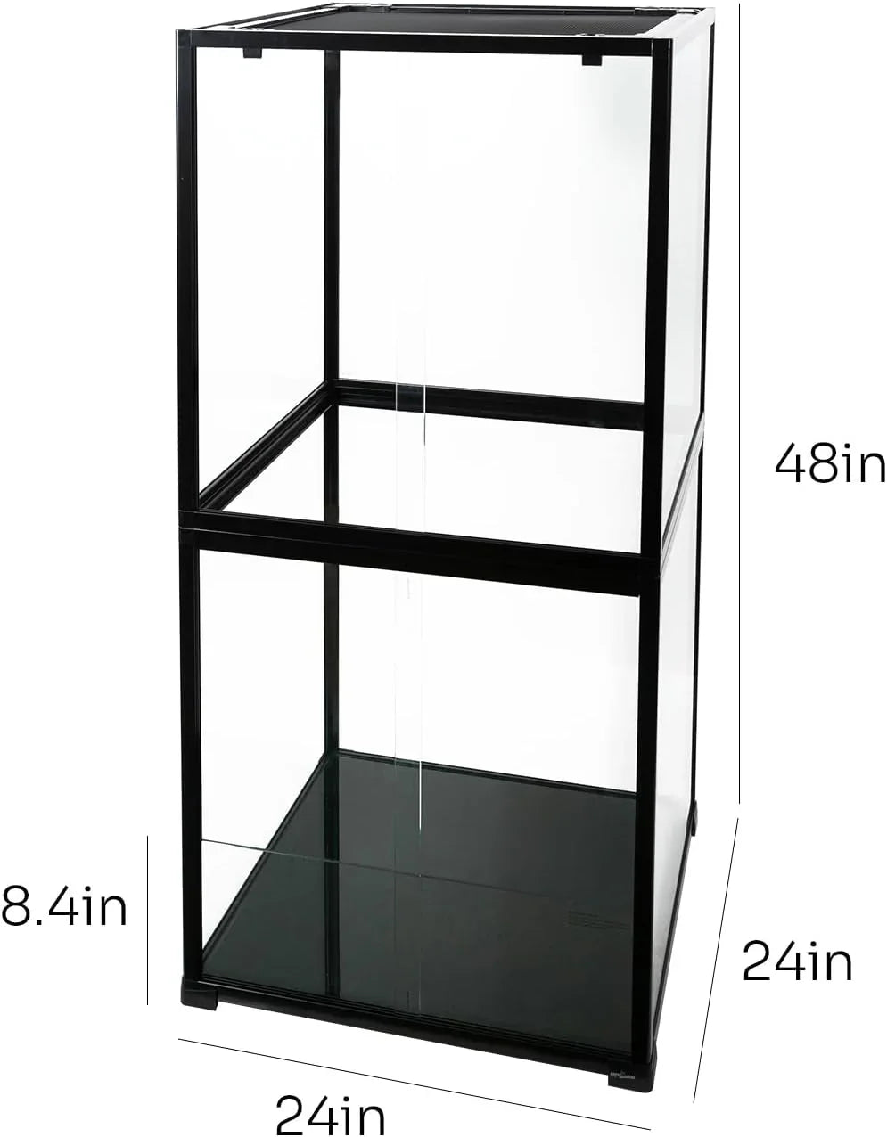 Tall glass reptile terrarium with black frame, 48x24x24 inches, for custom enclosures.