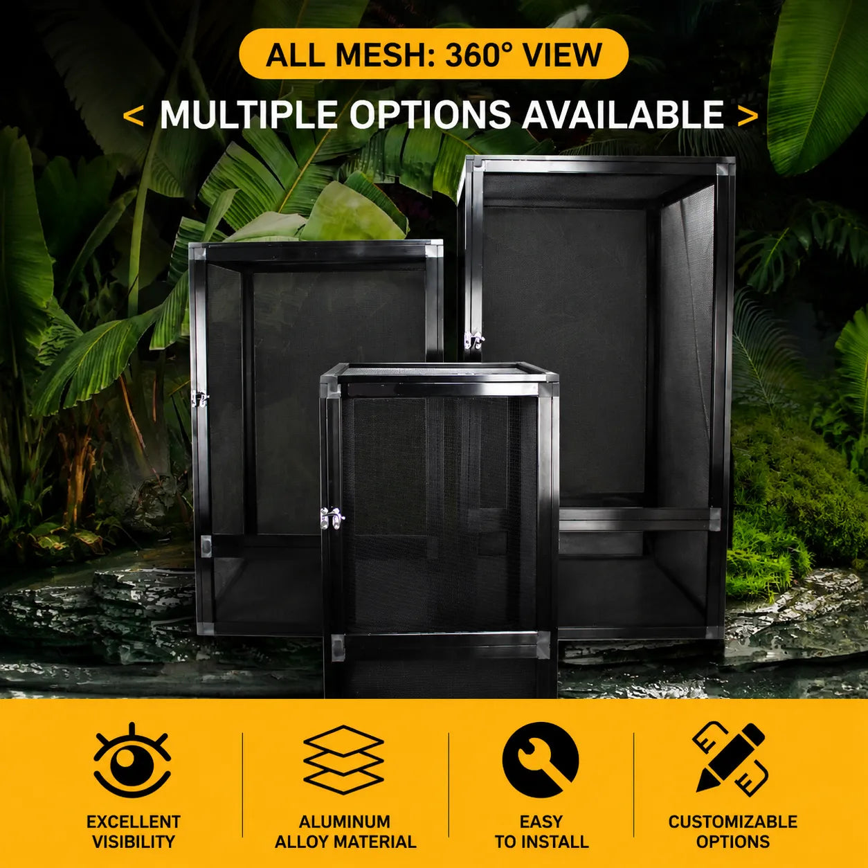 RTHabitat Premium Aluminum Frame Reptile Enclosure – Acrylic Door & Full Mesh Door Versions, 40/65/120 Gallon Arboreal Reptile Habitat for Chameleons, Lizards, Geckos & Tree Frogs