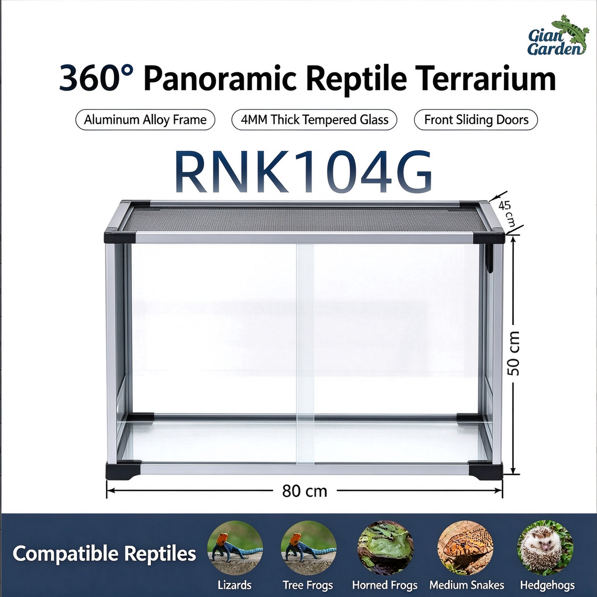 RTHabitat 65 Gallon 32x16x20 Inch Silver Aluminum Glass Reptile Terrarium with Sliding Doors and Mesh Top