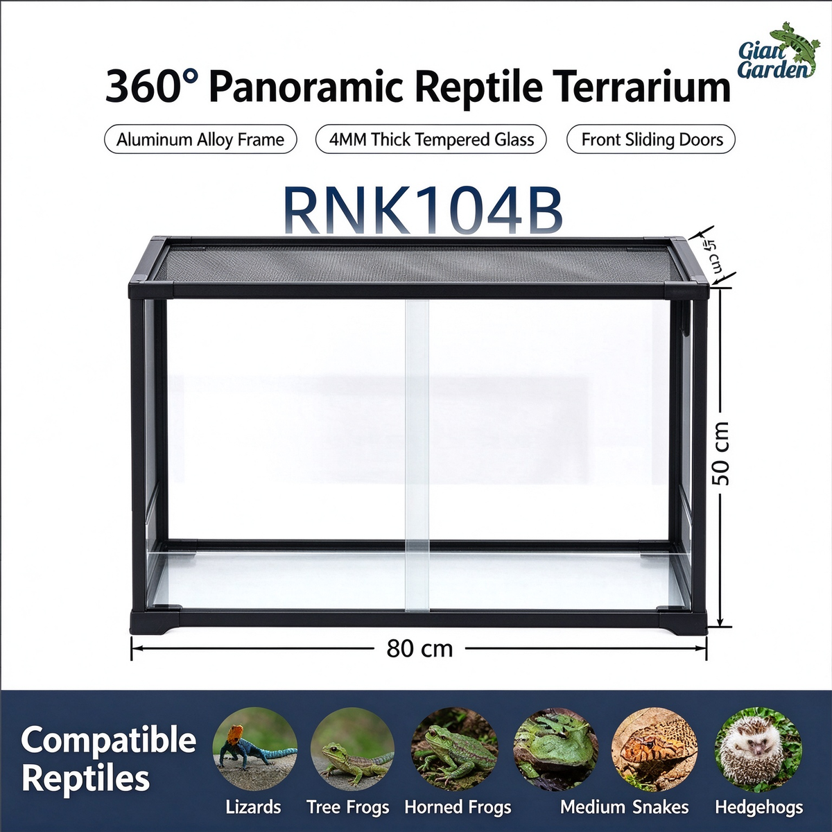 RTHabitat 65 Gallon 32x16x20 Inch Black Aluminum Glass Reptile Terrarium with Sliding Doors and Mesh Top