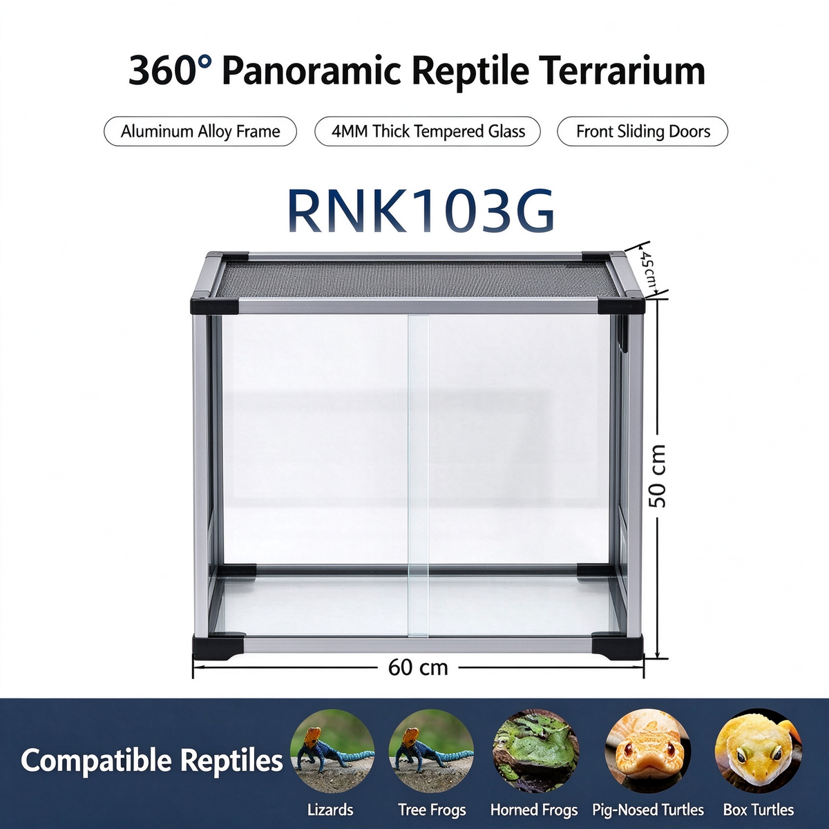 RTHabitat 40 Gallon 24x16x20 Inch Silver Aluminum Glass Reptile Terrarium with Sliding Doors and Mesh Top