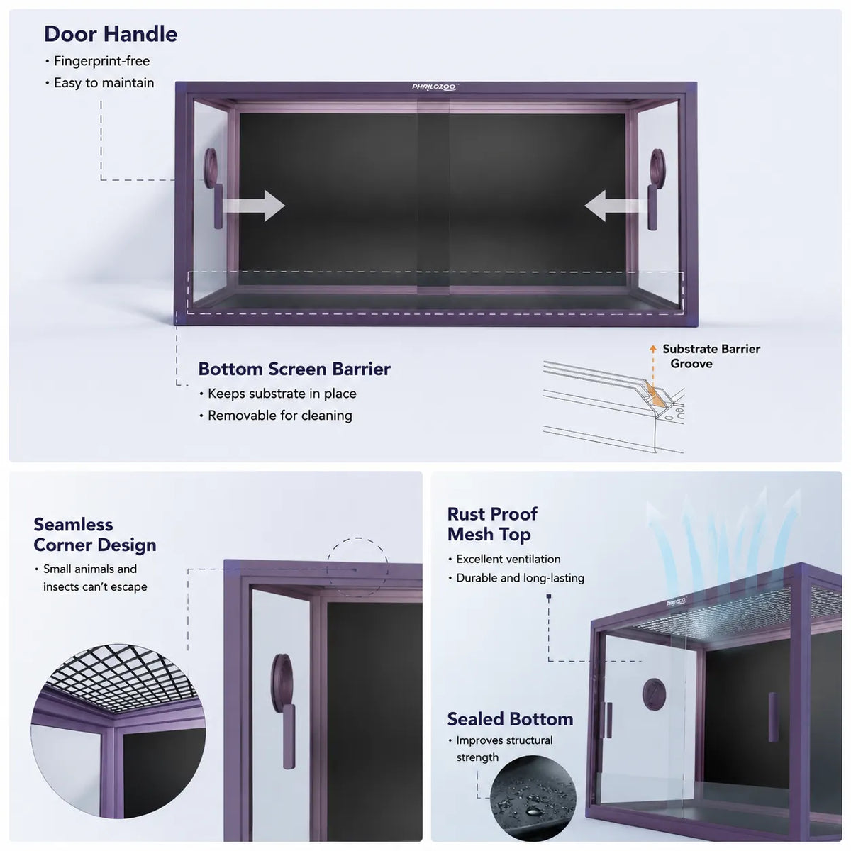 RTHabitat Premium Aluminum Frame Reptile Enclosure Tempered Glass Doors PVC Back Panel