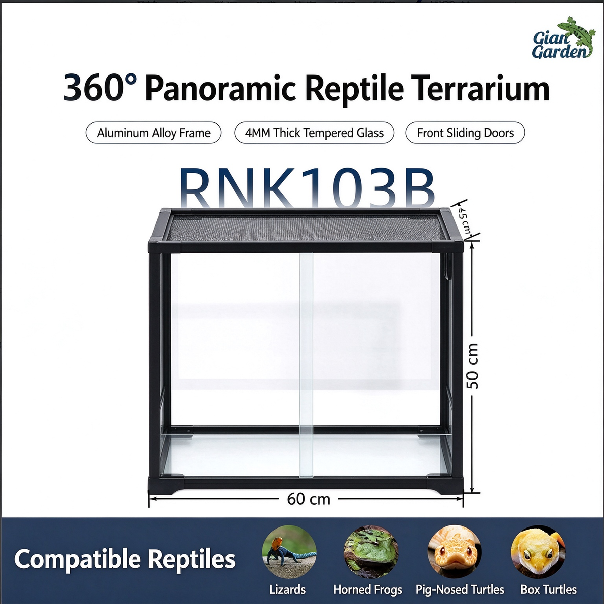 RTHabitat 40 Gallon 24x16x20 Inch Black Aluminum Glass Reptile Terrarium with Sliding Doors and Mesh Top
