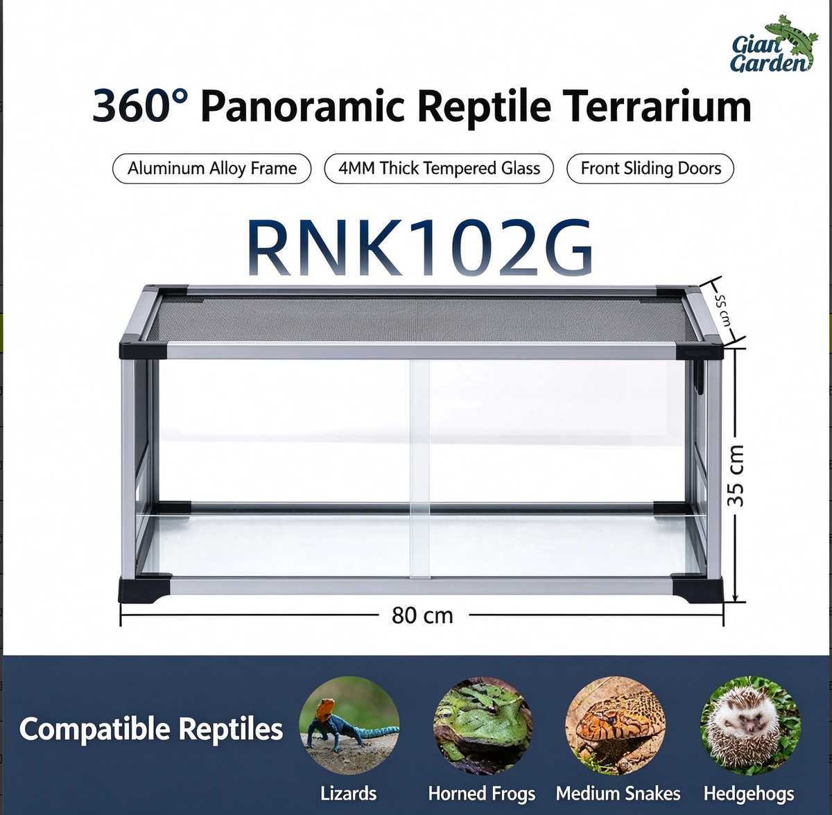RTHabitat 65 Gallon 32x16x14 Inch Silver Aluminum Glass Reptile Terrarium with Sliding Doors and Mesh Top
