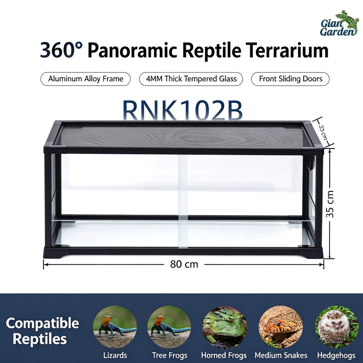 RTHabitat 65 Gallon 32x16x14 Inch Black Aluminum Glass Reptile Terrarium with Sliding Doors and Mesh Top