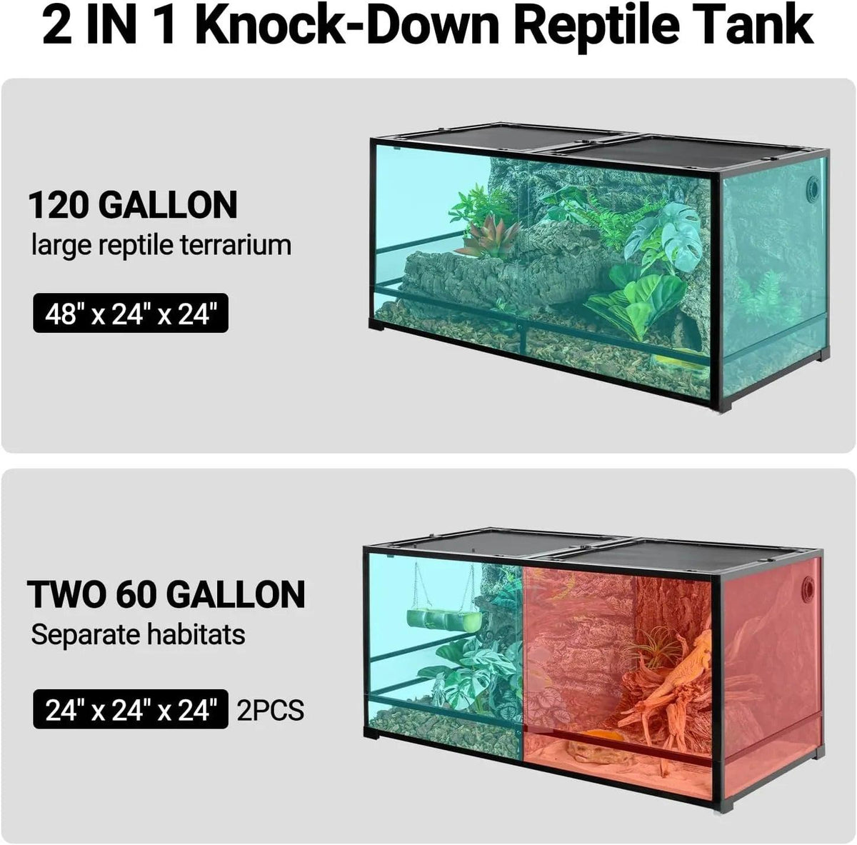 RTHabitat 120 Gallon Large Reptile Terrarium, 48" x 24" x 24" with 2 Separate Habitats