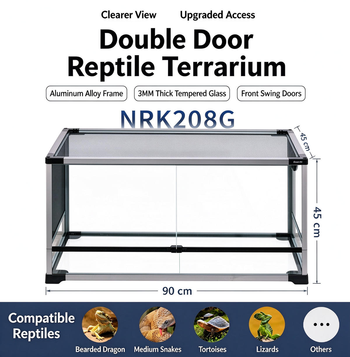 RTHabitat 55 Gallon 36x18x18 Inch Silver Frame Glass Reptile Terrarium with Mesh Top