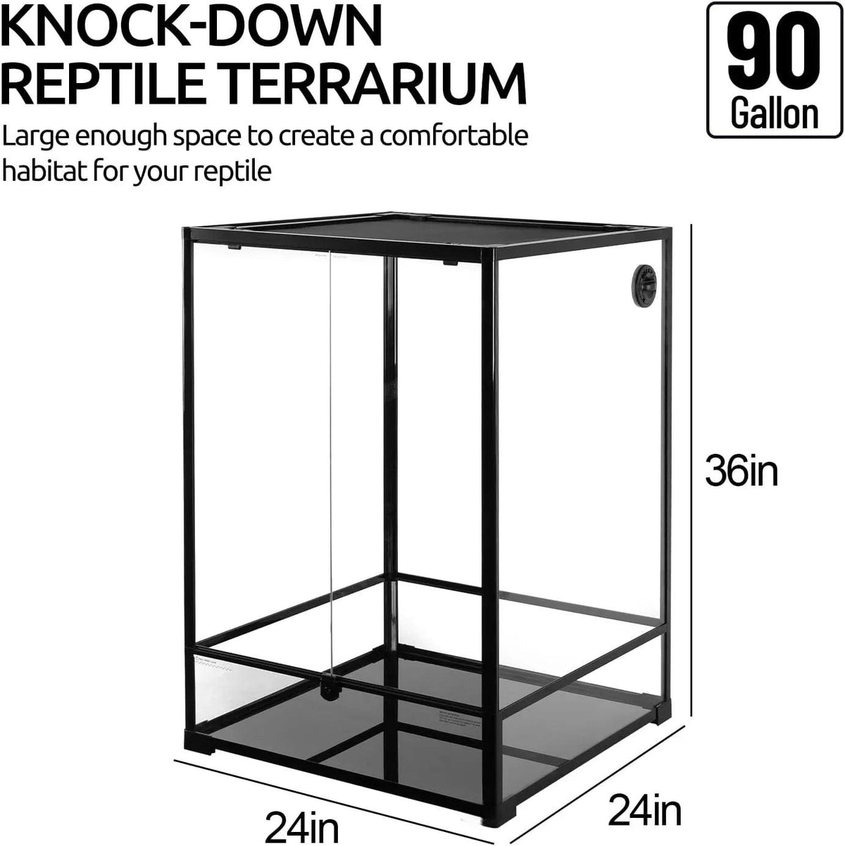 90 Gallon 24" x 24" x 36" Large Glass Tall Reptile Terrarium with Front Opening Door and Top Screen Ventilation