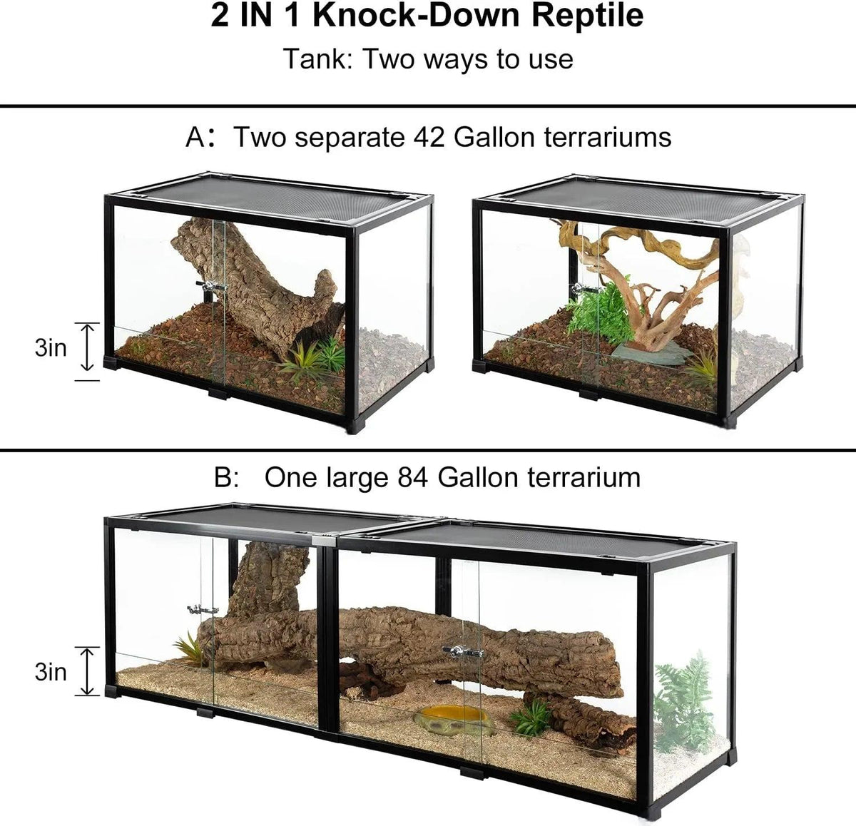84 Gallon Extra-Long Reptile Terrarium  60" x 18" x 18" Spliceable Glass Reptile Tank Double Top Cover