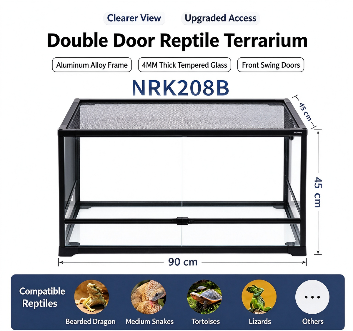 RTHabitat 55 Gallon 36x18x18 Inch Black Glass Reptile Terrarium with Mesh Top