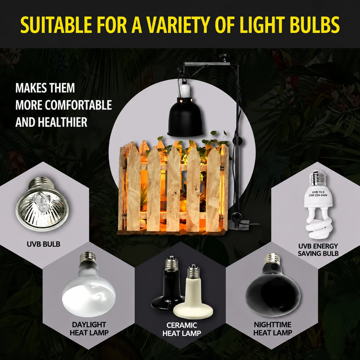 Reptile Lamp Holder for UVB Heat Bulb and Efficient Basking