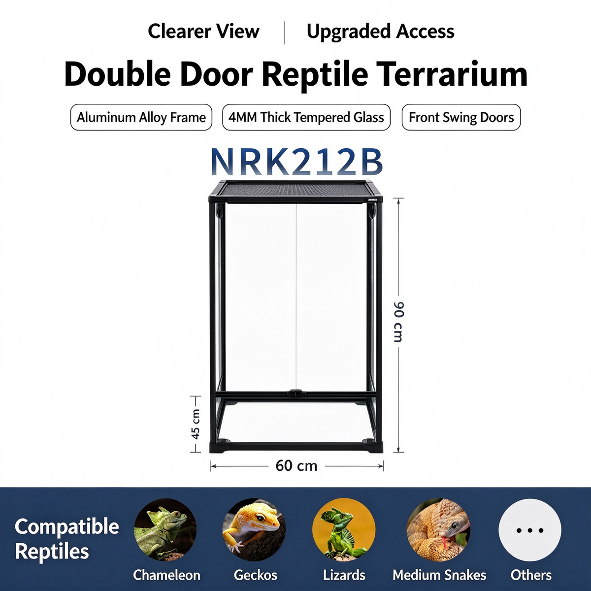 RTHabitat 120 Gallon 24x18x35 Inch Black Glass Reptile Terrarium with Mesh Top for Arboreal Reptiles