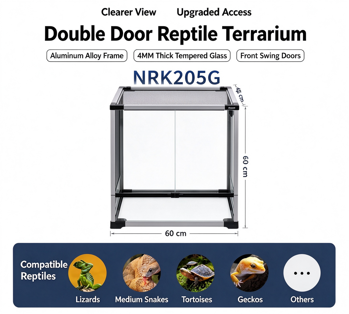 RTHabitat 70 Gallon 24x24x18 Inch Silver Glass Reptile Terrarium with Mesh Top