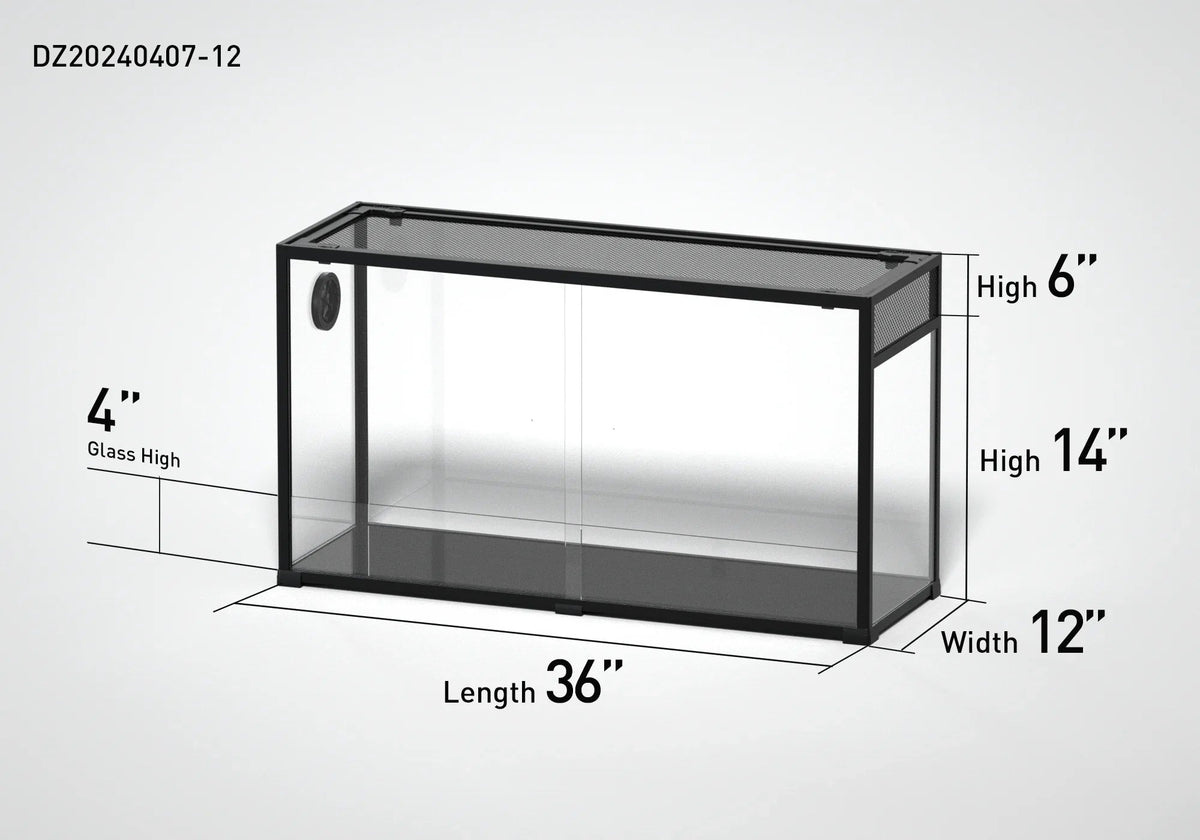 Rectangular reptile terrarium with mesh top, 36x12x14 inches, side ventilation and labeled dimensions.