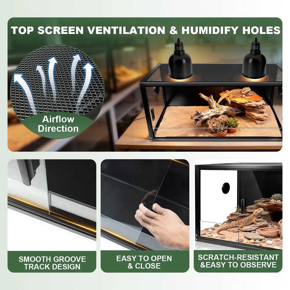 RTHabitat Large Aluminum Frame Reptile Enclosure – 50/85/120 Gallon Premium Habitat with Tempered Glass Doors & PVC Side Panels for Lizards, Snakes & Geckos