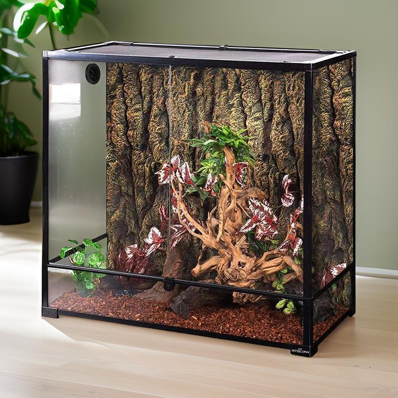 Large glass reptile terrarium with natural wood, plants, and bark background, ideal for reptiles