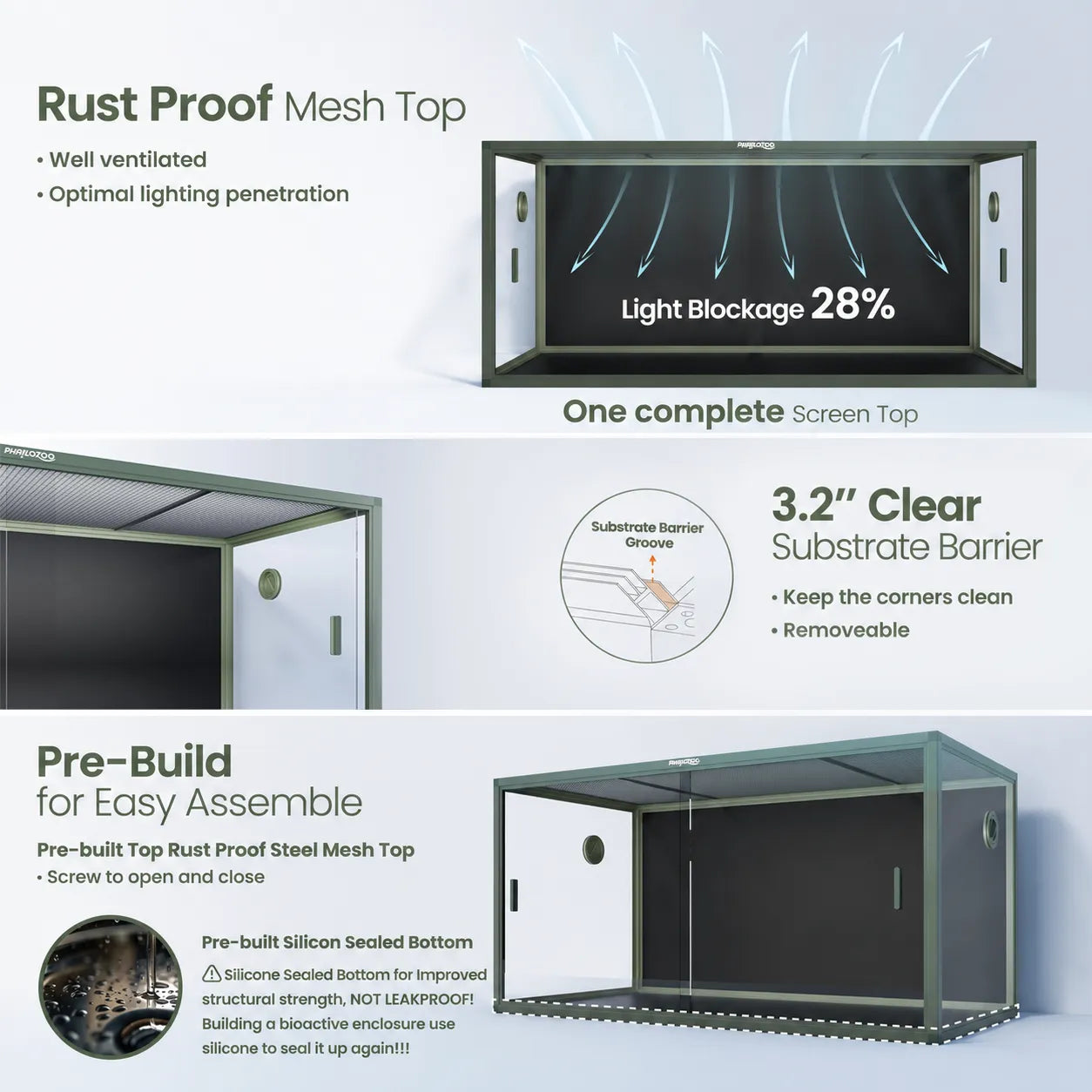 RTHabitat Premium Aluminum Frame Reptile Enclosure – 65/85/120 Gallon Habitat with Tempered Glass Doors & PVC Back Panel for Lizards, Snakes & Geckos